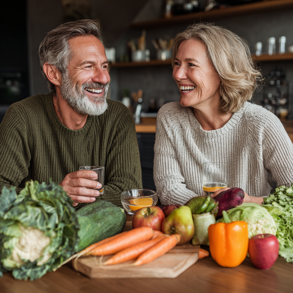 Middle-aged adults enjoying healthy natural foods rich in potassium and magnesium