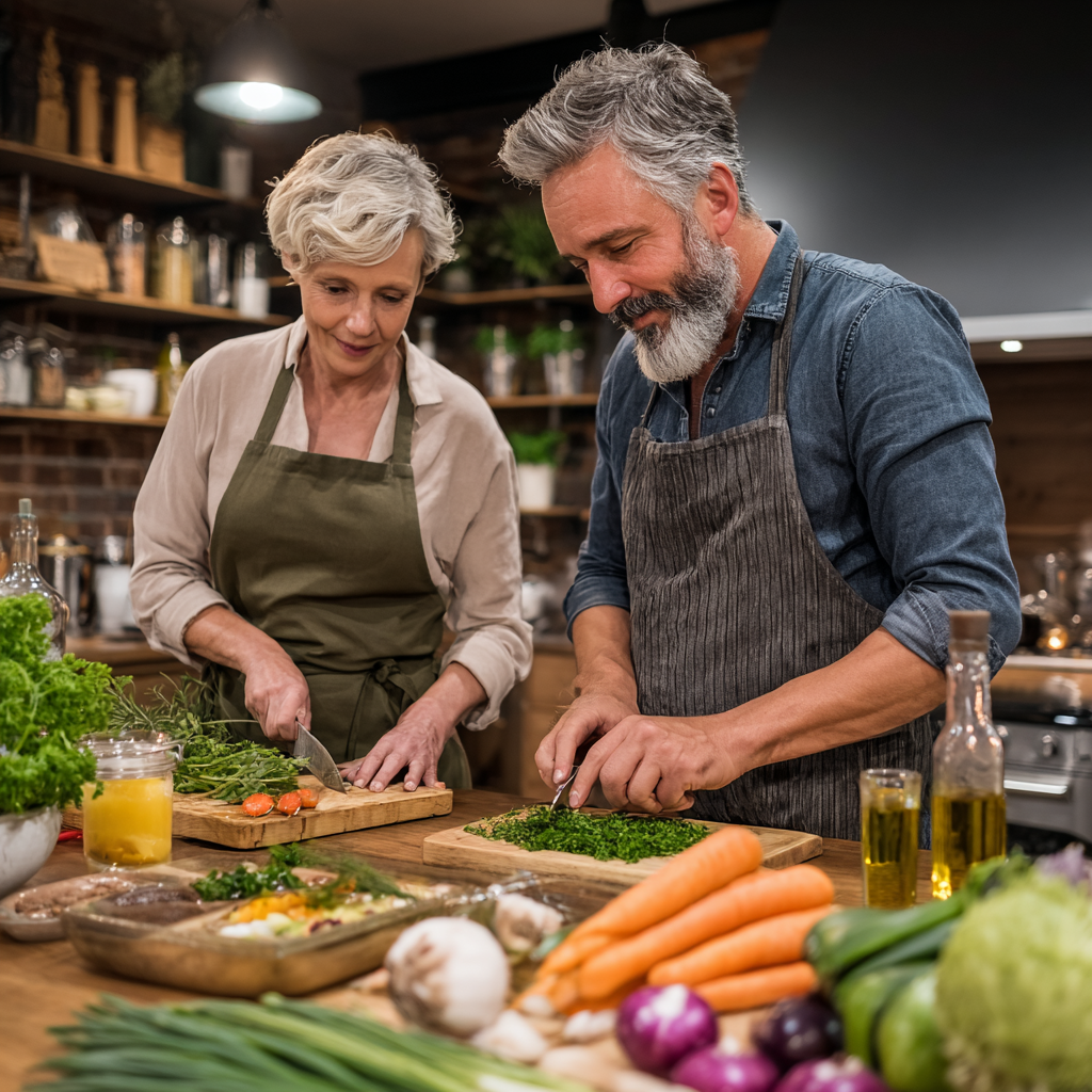Middle-aged adults preparing healthy meals with fresh vegetables and herbs for heart health
