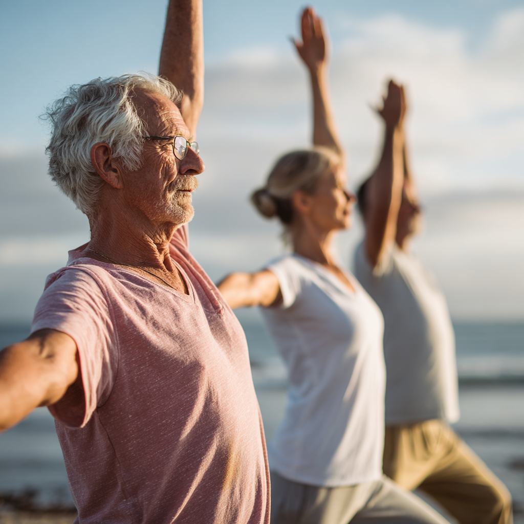 Older adults practicing gentle yoga and walking exercises for cardiovascular health